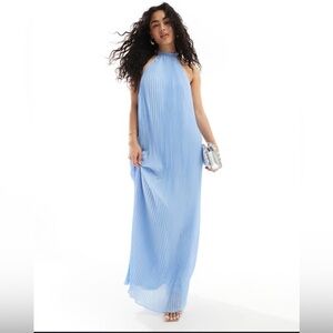 TFNC Bridesmaids chiffon pleated halterneck maxi dress in powder blue Size 10